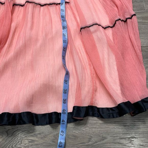 BEBE Pink Black Silk Dress Ruffle Sheer Formal Size 6 Small Midi Length - Picture 11 of 11